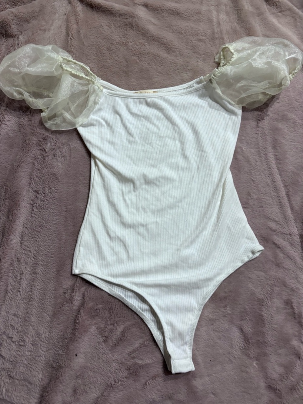 Altar'd State White Ribbed Bodysuit with Sheer Puff Sleeves